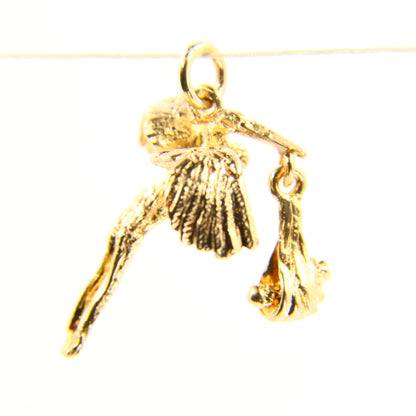 Vintage 9ct Stork Carrying Baby Charm Yellow Gold Hallmarked Baby Shower Pendant