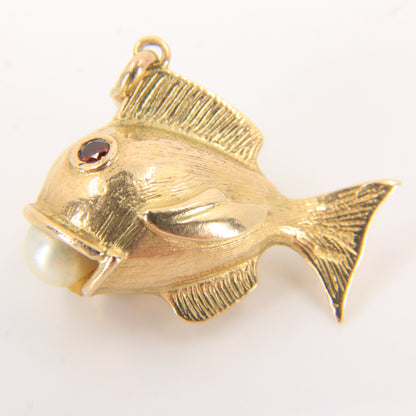Vintage 9ct Gold Hallmarked Fish Pearl Charm Pendant Yellow Gold