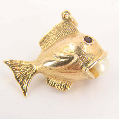 Vintage 9ct Gold Hallmarked Fish Pearl Charm Pendant Yellow Gold