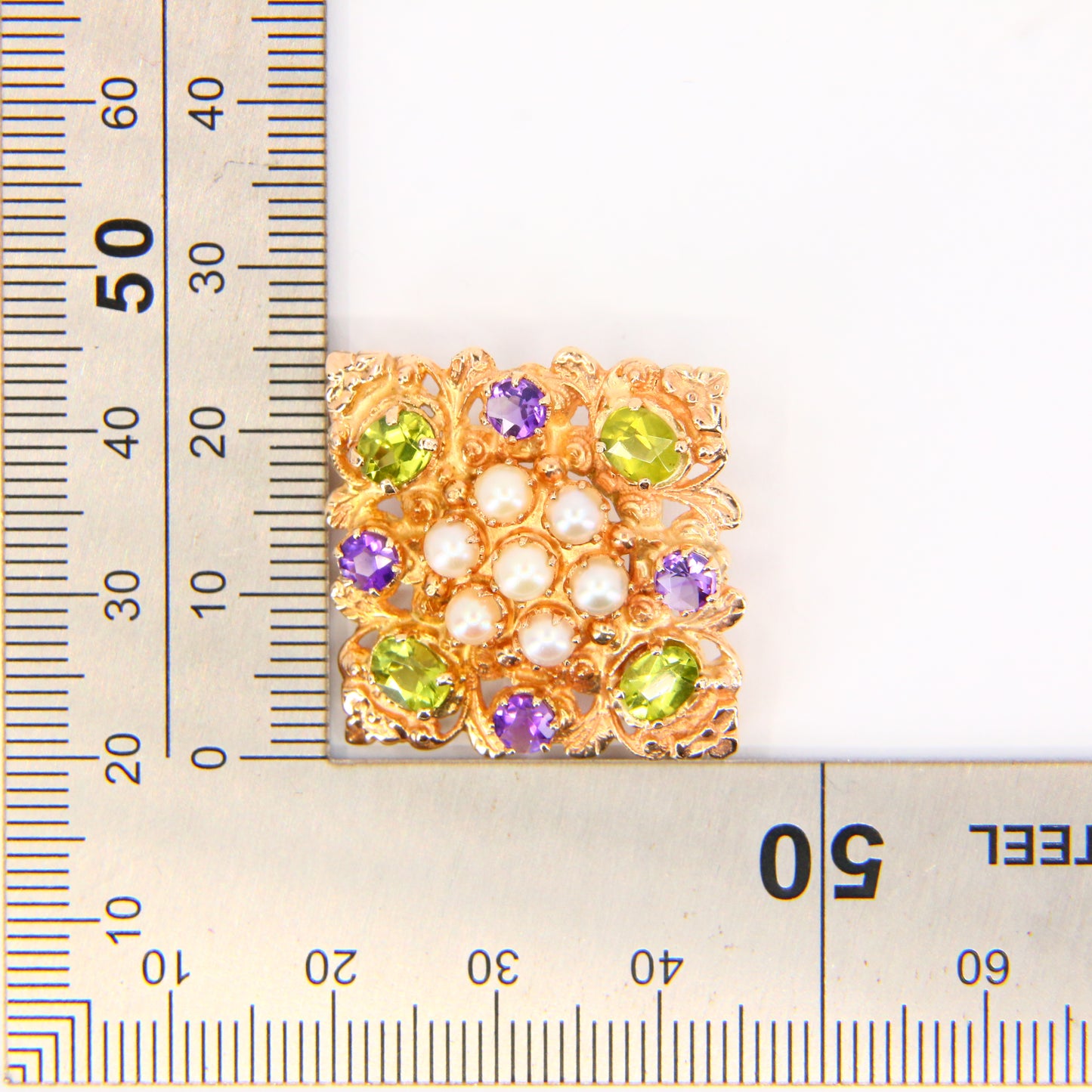 Vintage 9ct Suffragette Brooch Peridot Amethyst & Seed Pearl Hallmarked Yellow Gold Boxed