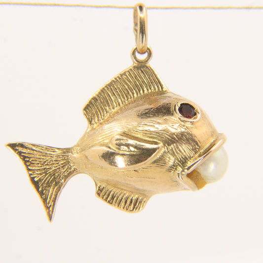 Vintage 9ct Gold Hallmarked Fish Pearl Charm Pendant Yellow Gold