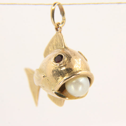 Vintage 9ct Gold Hallmarked Fish Pearl Charm Pendant Yellow Gold