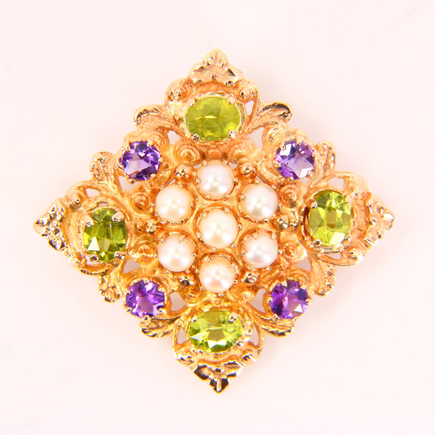 Vintage 9ct Suffragette Brooch Peridot Amethyst & Seed Pearl Hallmarked Yellow Gold Boxed