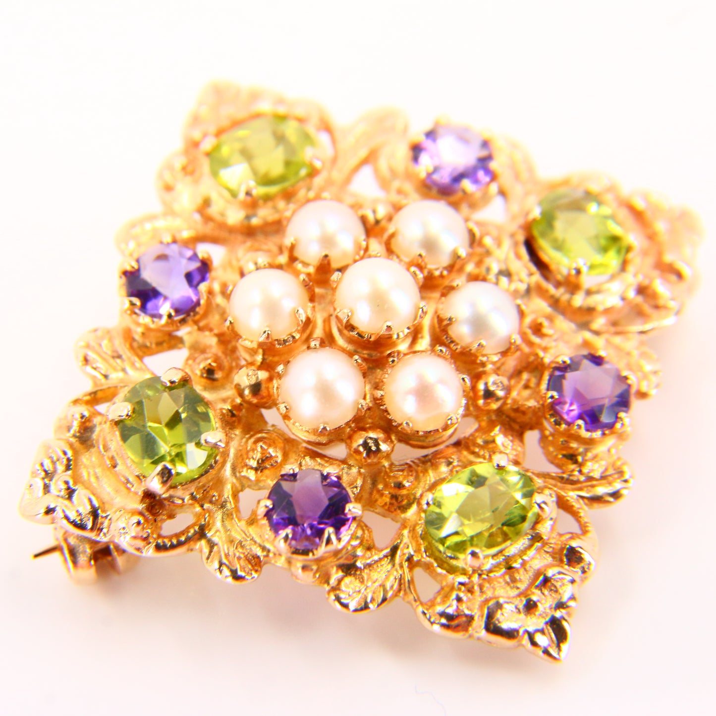 Vintage 9ct Suffragette Brooch Peridot Amethyst & Seed Pearl Hallmarked Yellow Gold Boxed