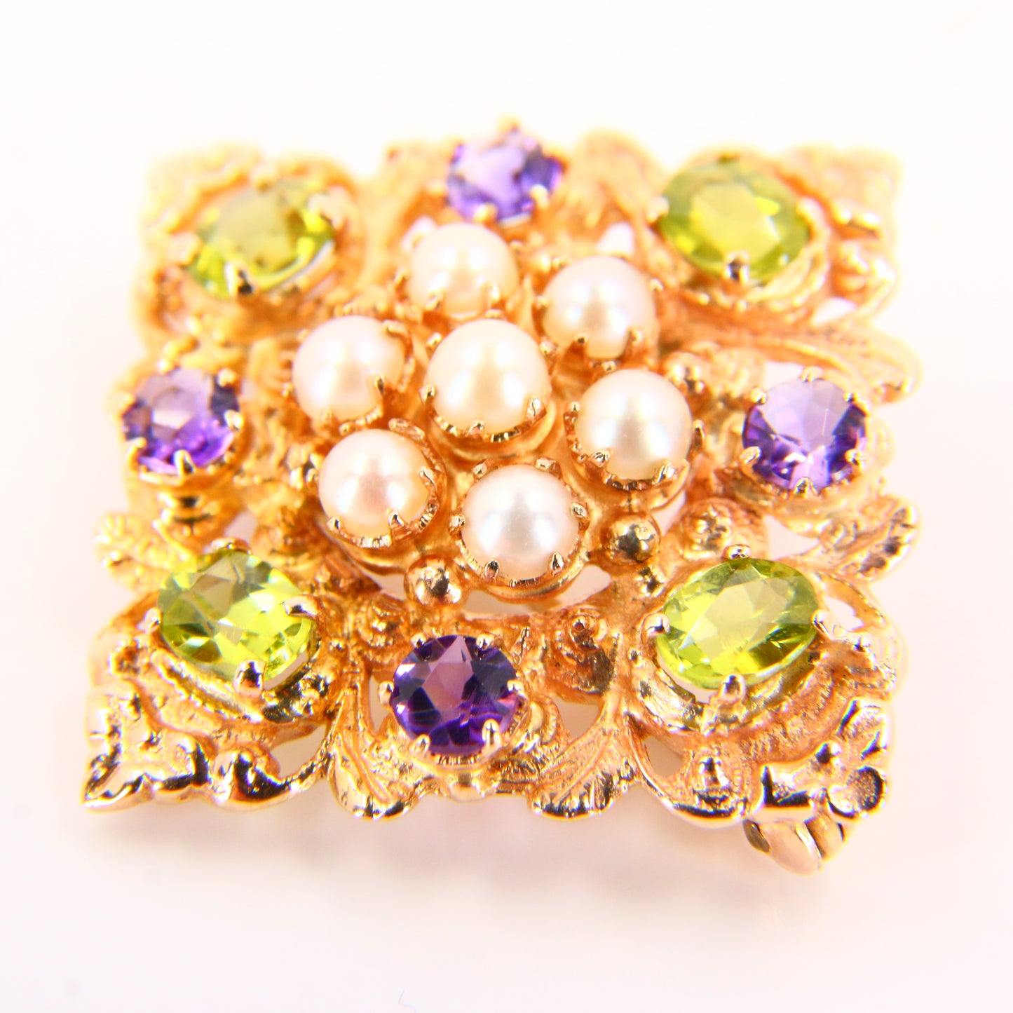 Vintage 9ct Suffragette Brooch Peridot Amethyst & Seed Pearl Hallmarked Yellow Gold Boxed