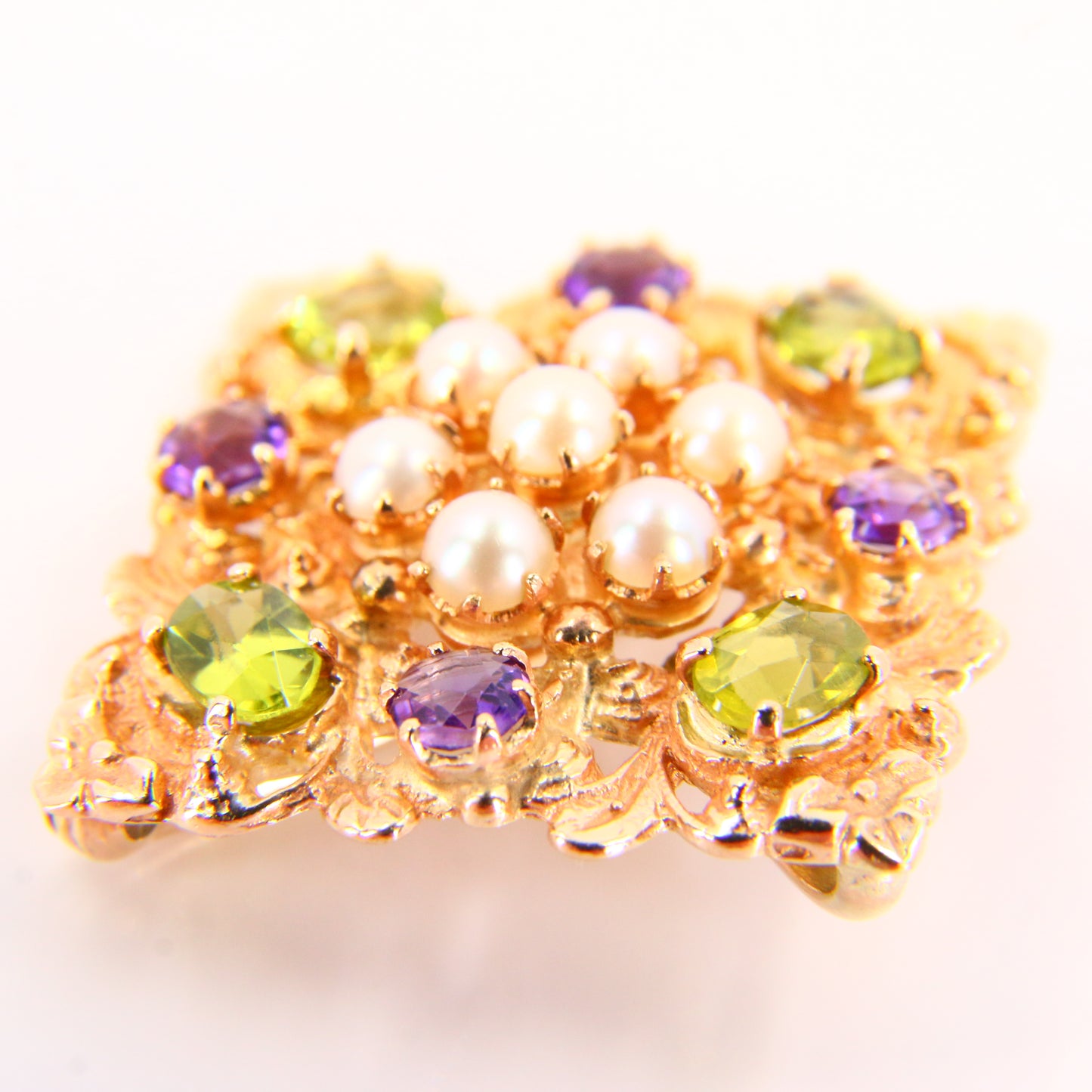 Vintage 9ct Suffragette Brooch Peridot Amethyst & Seed Pearl Hallmarked Yellow Gold Boxed