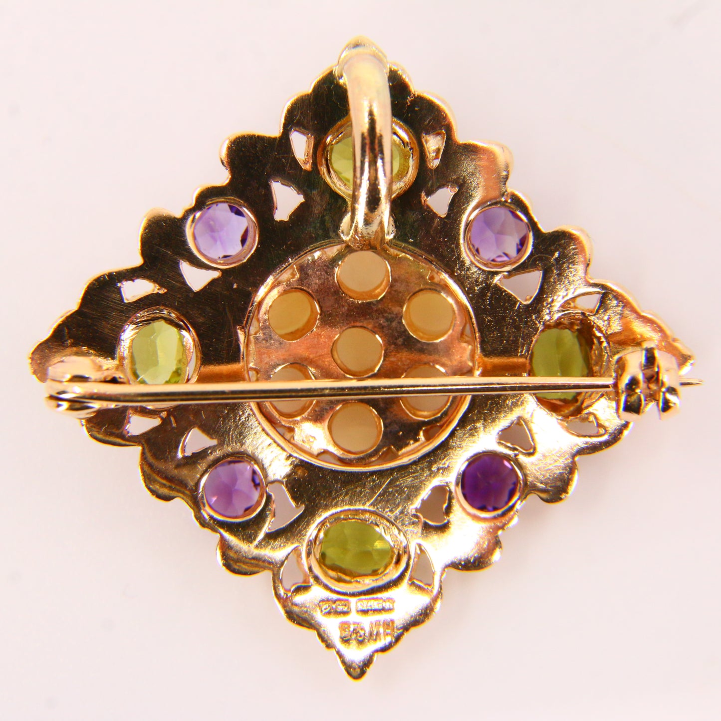 Vintage 9ct Suffragette Brooch Peridot Amethyst & Seed Pearl Hallmarked Yellow Gold Boxed