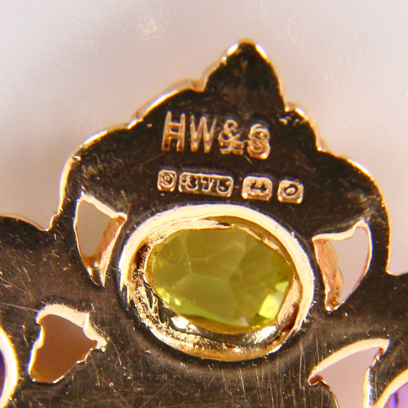 Vintage 9ct Suffragette Brooch Peridot Amethyst & Seed Pearl Hallmarked Yellow Gold Boxed