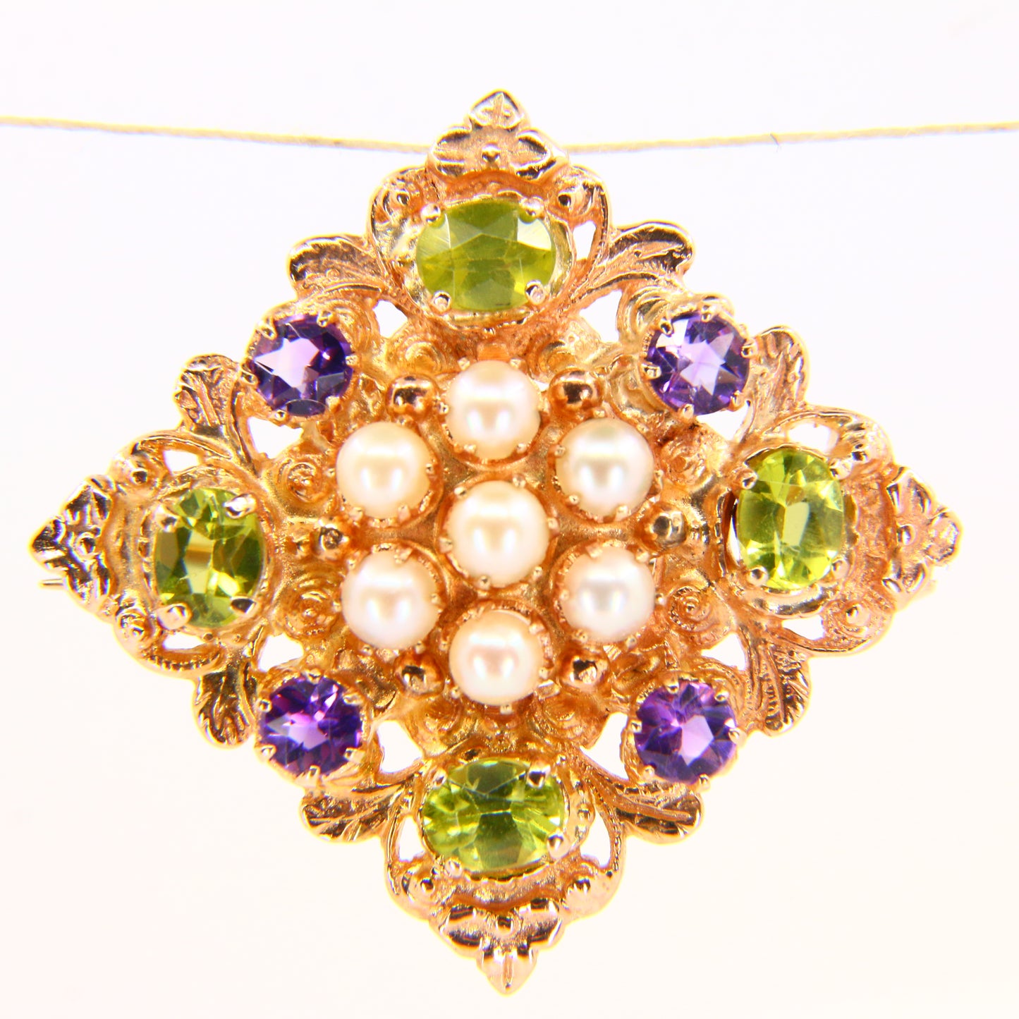 Vintage 9ct Suffragette Brooch Peridot Amethyst & Seed Pearl Hallmarked Yellow Gold Boxed