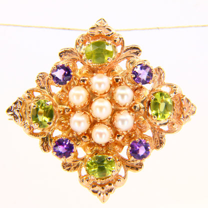 Vintage 9ct Suffragette Brooch Peridot Amethyst & Seed Pearl Hallmarked Yellow Gold Boxed