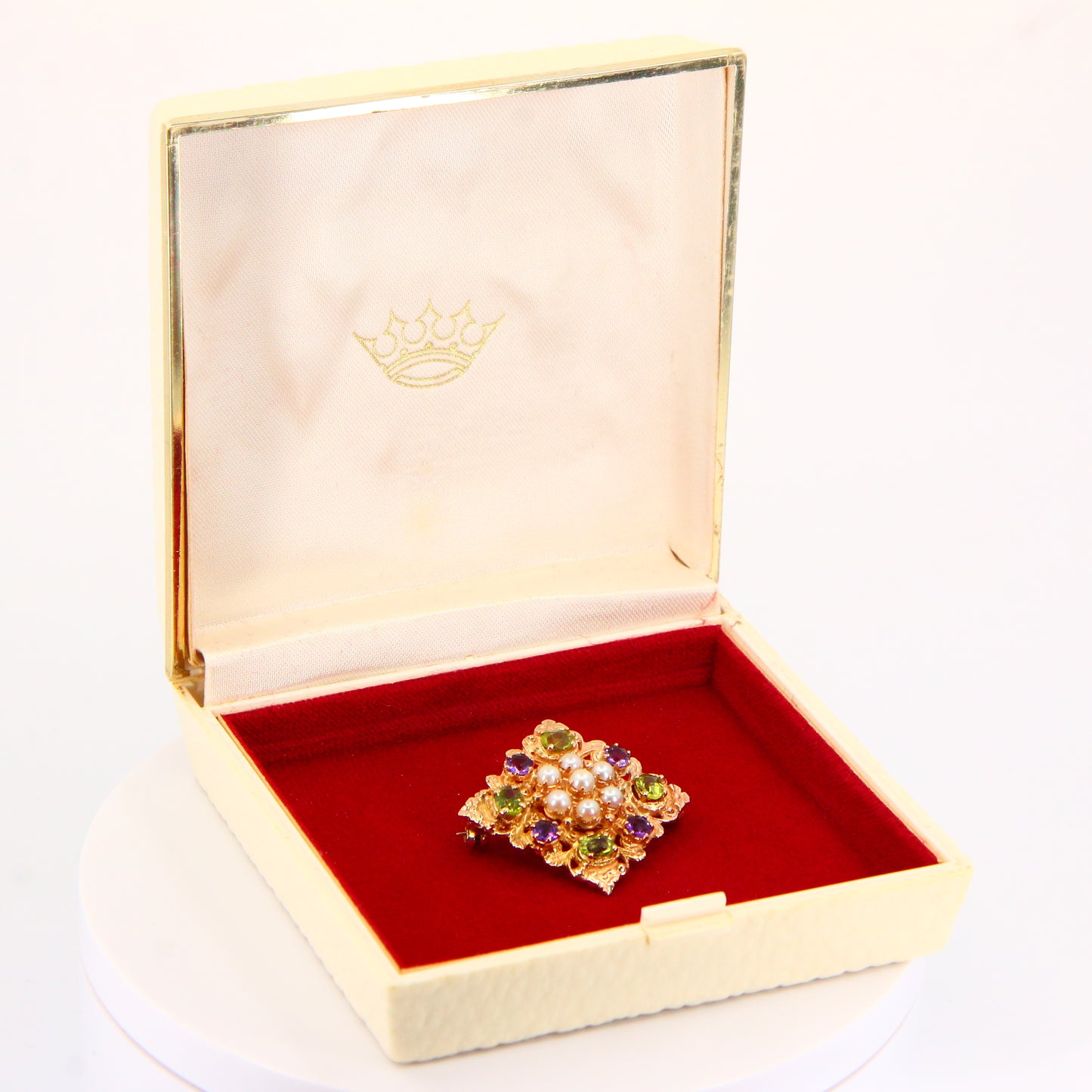 Vintage 9ct Suffragette Brooch Peridot Amethyst & Seed Pearl Hallmarked Yellow Gold Boxed