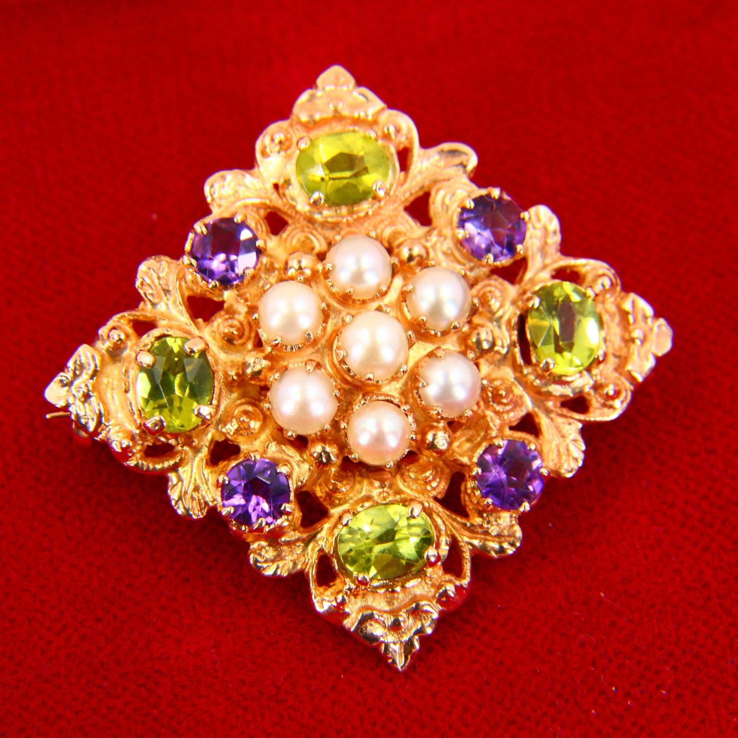 Vintage 9ct Suffragette Brooch Peridot Amethyst & Seed Pearl Hallmarked Yellow Gold Boxed