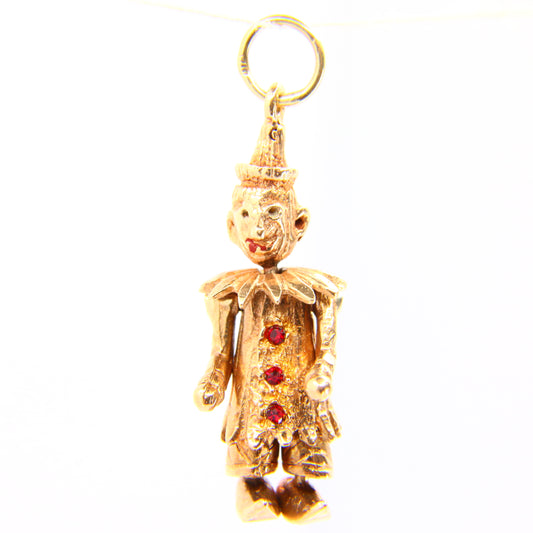 Vintage 9ct Articulated Clown Charm 3 Gem Yellow Gold Hallmarked Pendant