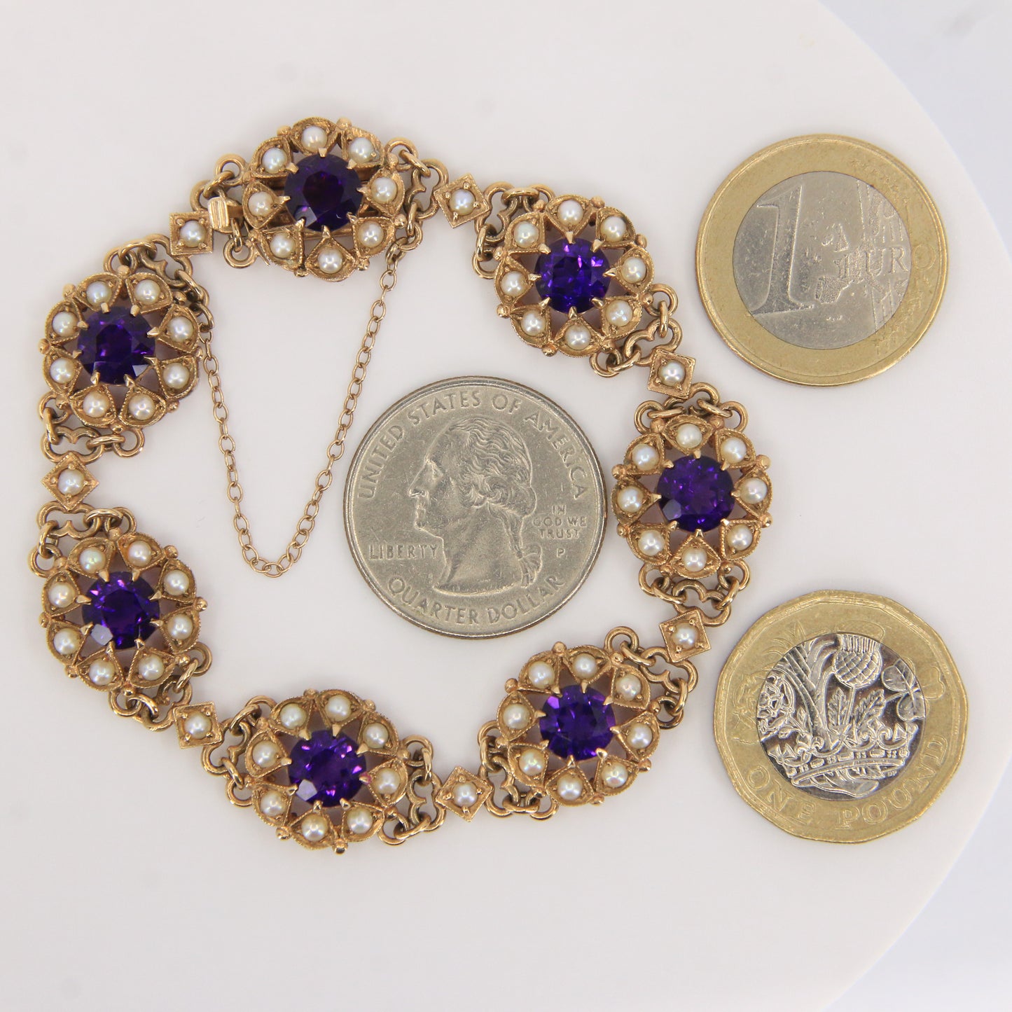 Antique 9ct Gold Hallmarked Scottish Bracelet Amethyst Seed Pearl Boxed Gift