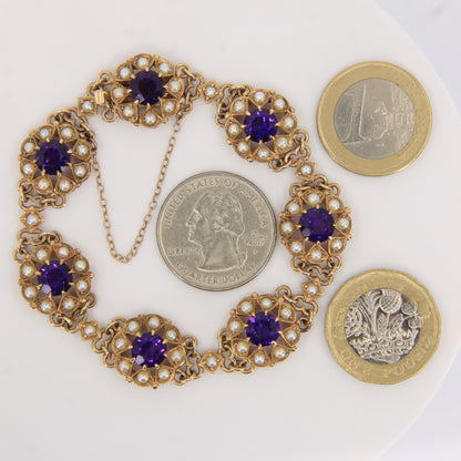 Antique 9ct Gold Hallmarked Scottish Bracelet Amethyst Seed Pearl Boxed Gift