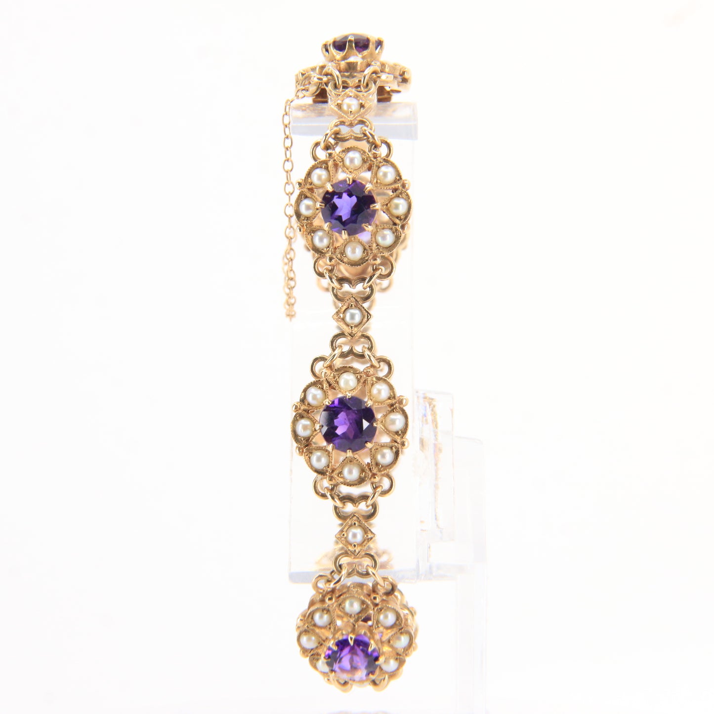 Antique 9ct Gold Hallmarked Scottish Bracelet Amethyst Seed Pearl Boxed Gift