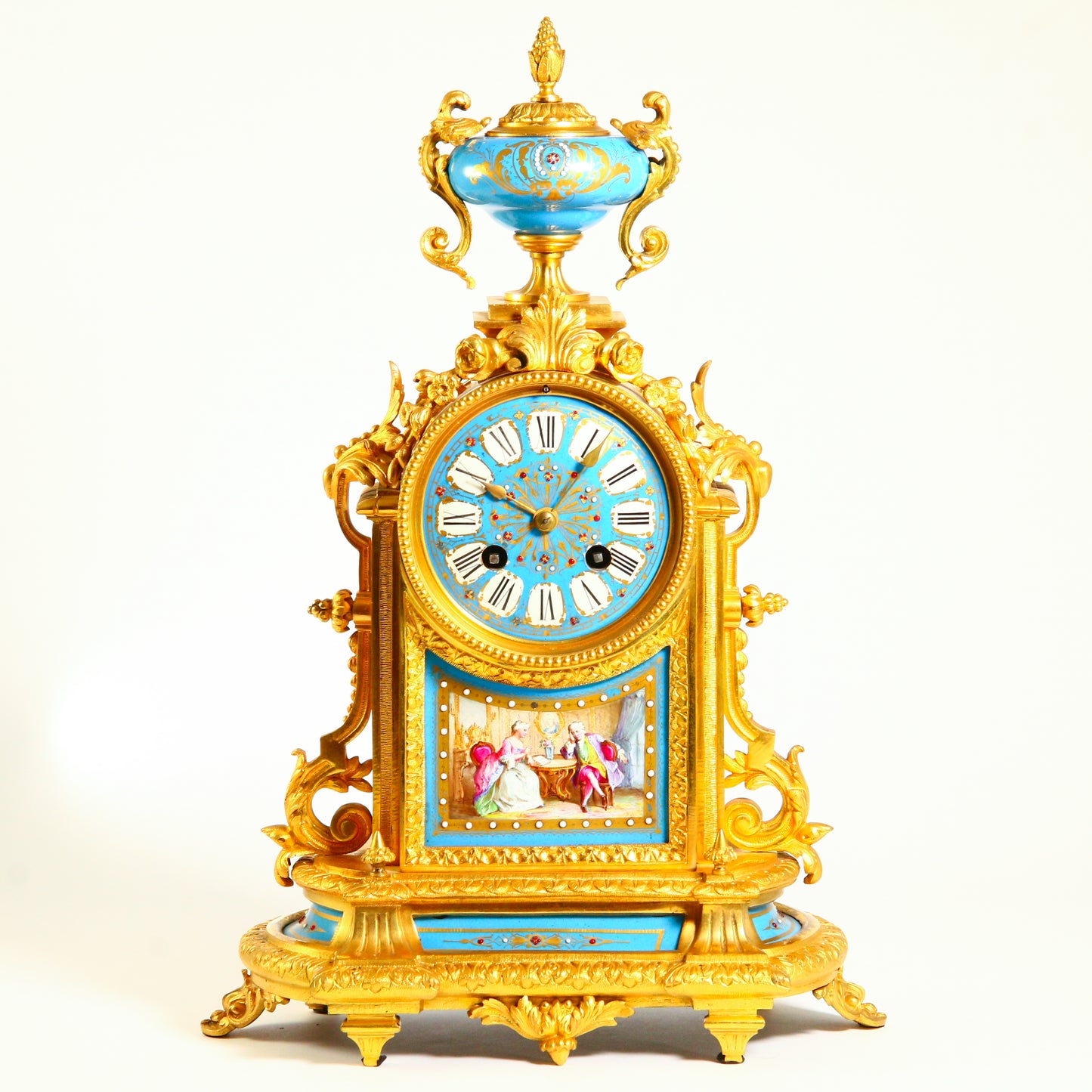 Antique French Clock Striking with Painted Scene Gilt Bronze Ormolu Mantel Clock