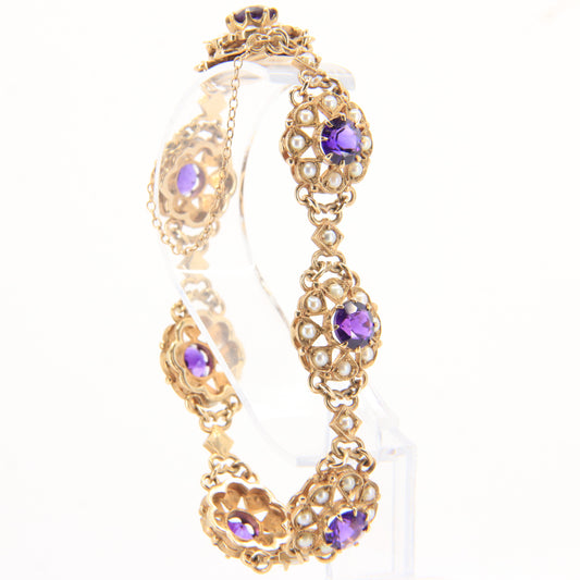 Antique 9ct Gold Hallmarked Scottish Bracelet Amethyst Seed Pearl Boxed Gift