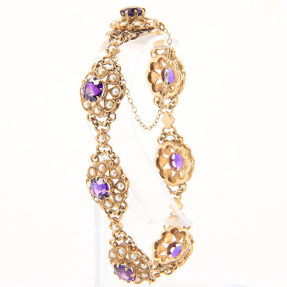 Antique 9ct Gold Hallmarked Scottish Bracelet Amethyst Seed Pearl Boxed Gift