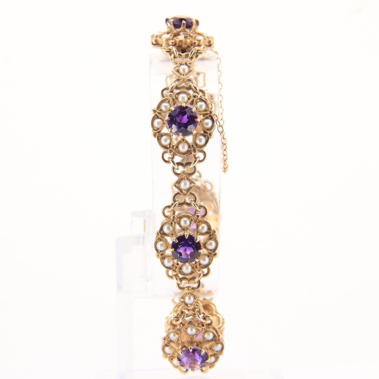 Antique 9ct Gold Hallmarked Scottish Bracelet Amethyst Seed Pearl Boxed Gift