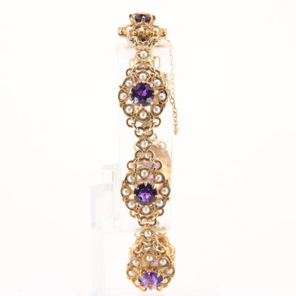 Antique 9ct Gold Hallmarked Scottish Bracelet Amethyst Seed Pearl Boxed Gift
