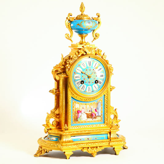 Antique French Clock Striking with Painted Scene Gilt Bronze Ormolu Mantel Clock