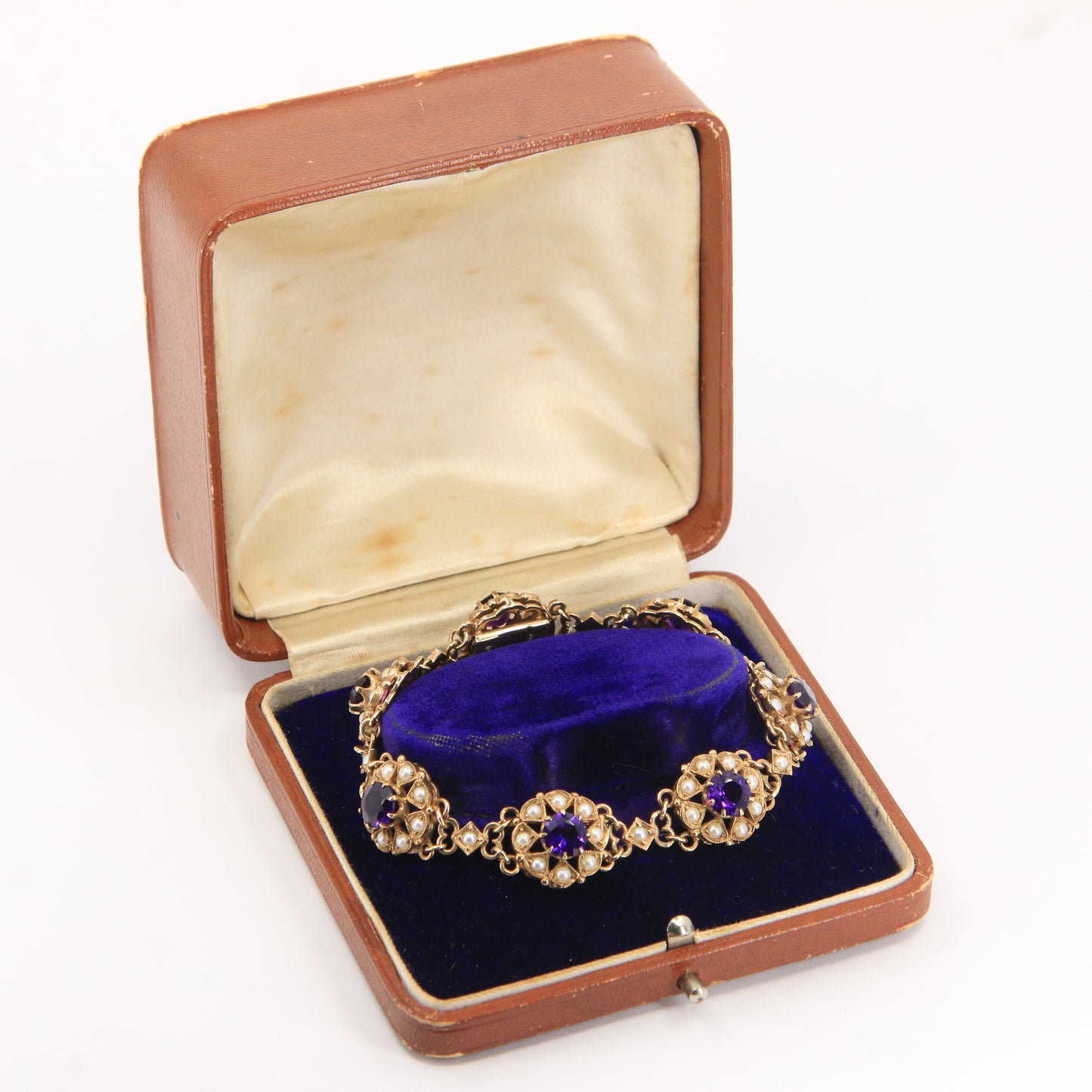 Antique 9ct Gold Hallmarked Scottish Bracelet Amethyst Seed Pearl Boxed Gift
