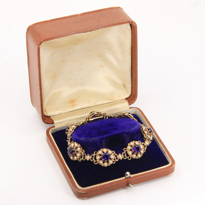 Antique 9ct Gold Hallmarked Scottish Bracelet Amethyst Seed Pearl Boxed Gift
