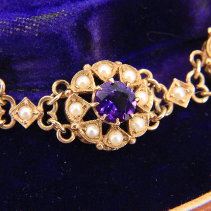 Antique 9ct Gold Hallmarked Scottish Bracelet Amethyst Seed Pearl Boxed Gift