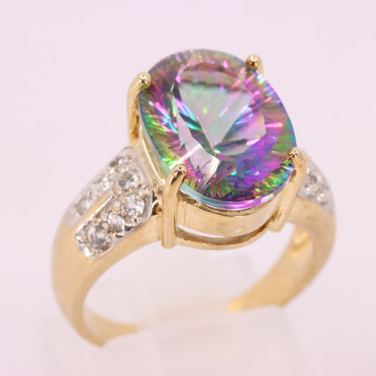 Vintage 9ct Hallmarked Gold Rainbow Quartz White Topaz Ring UK Size N 1/2 Boxed