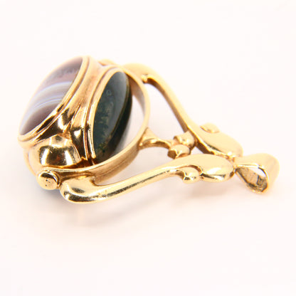 Large Vintage 9ct 3 Stone Agate Spinner Pendant Hallmarked 1995 9 Carat Yellow Gold Swivel Fob