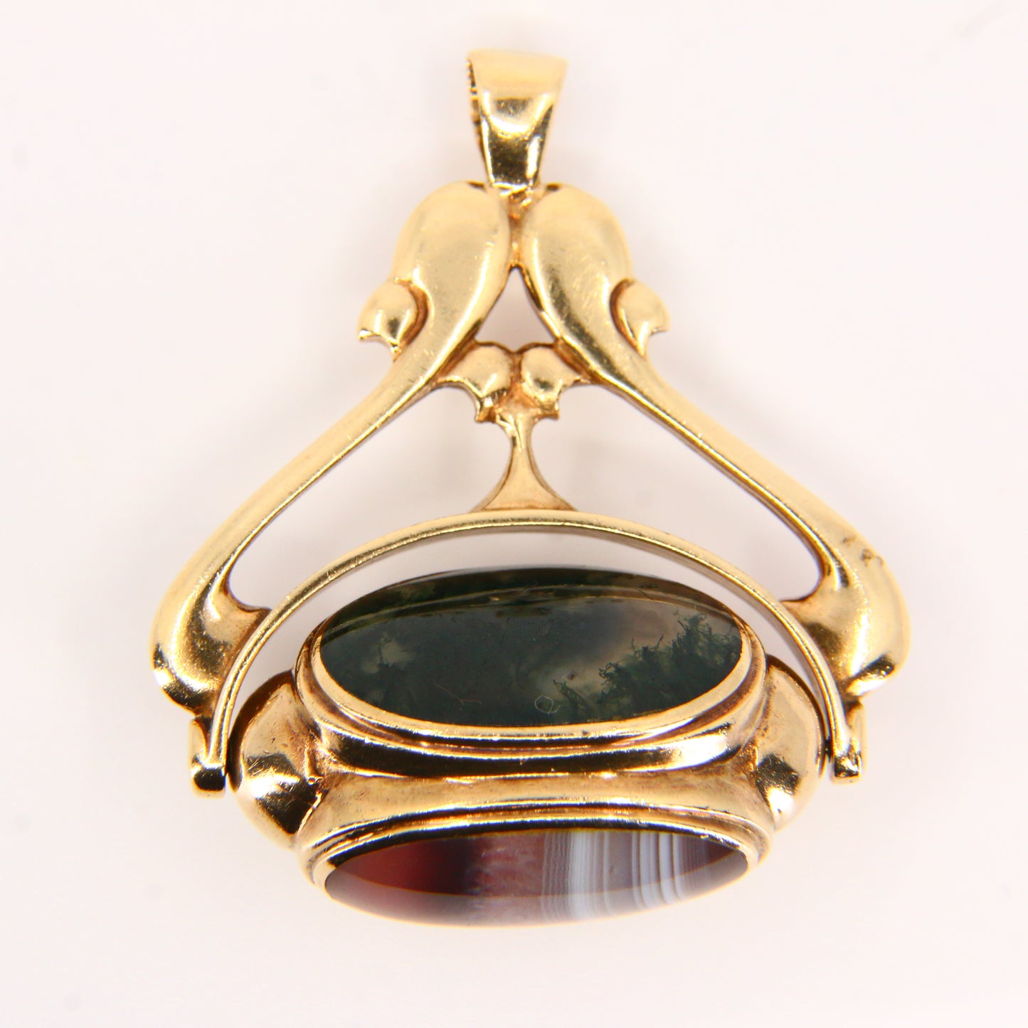 Large Vintage 9ct 3 Stone Agate Spinner Pendant Hallmarked 1995 9 Carat Yellow Gold Swivel Fob