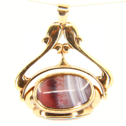 Large Vintage 9ct 3 Stone Agate Spinner Pendant Hallmarked 1995 9 Carat Yellow Gold Swivel Fob