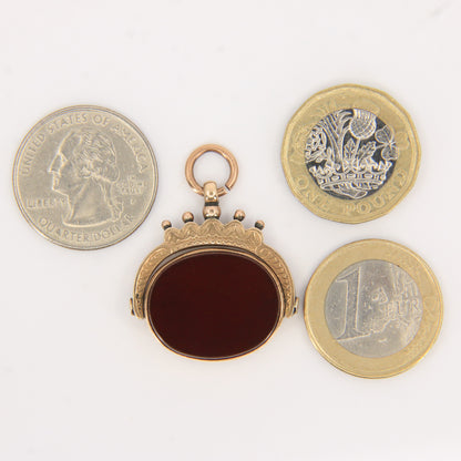 Antique 9ct Gold Hallmarked Spinner Pendant Fob Bloodstone Carnelian Charm