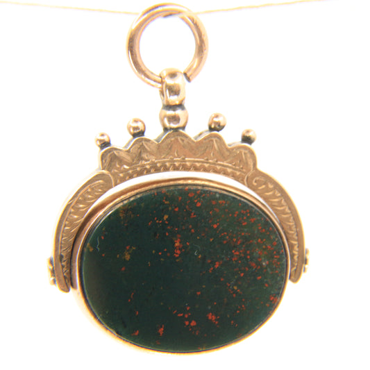 Antique 9ct Gold Hallmarked Spinner Pendant Fob Bloodstone Carnelian Charm