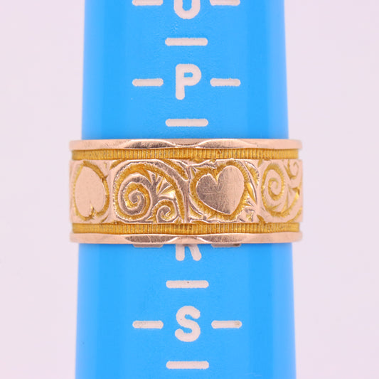Vintage 9ct Hallmarked Gold Heart Engraved Wide Band Ring Size Q 1/2 Boxed Gift