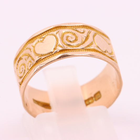 Vintage 9ct Hallmarked Gold Heart Engraved Wide Band Ring Size Q 1/2 Boxed Gift