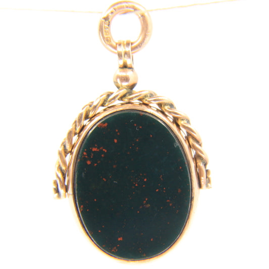 Antique 9ct Gold Hallmarked Spinner Pendant Fob Bloodstone Carnelian Charm
