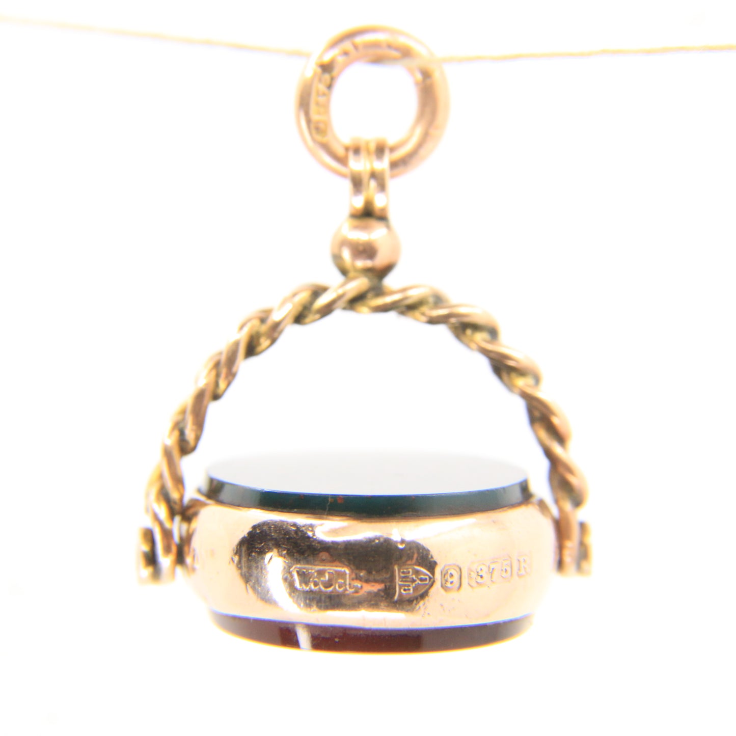 Antique 9ct Gold Hallmarked Spinner Pendant Fob Bloodstone Carnelian Charm