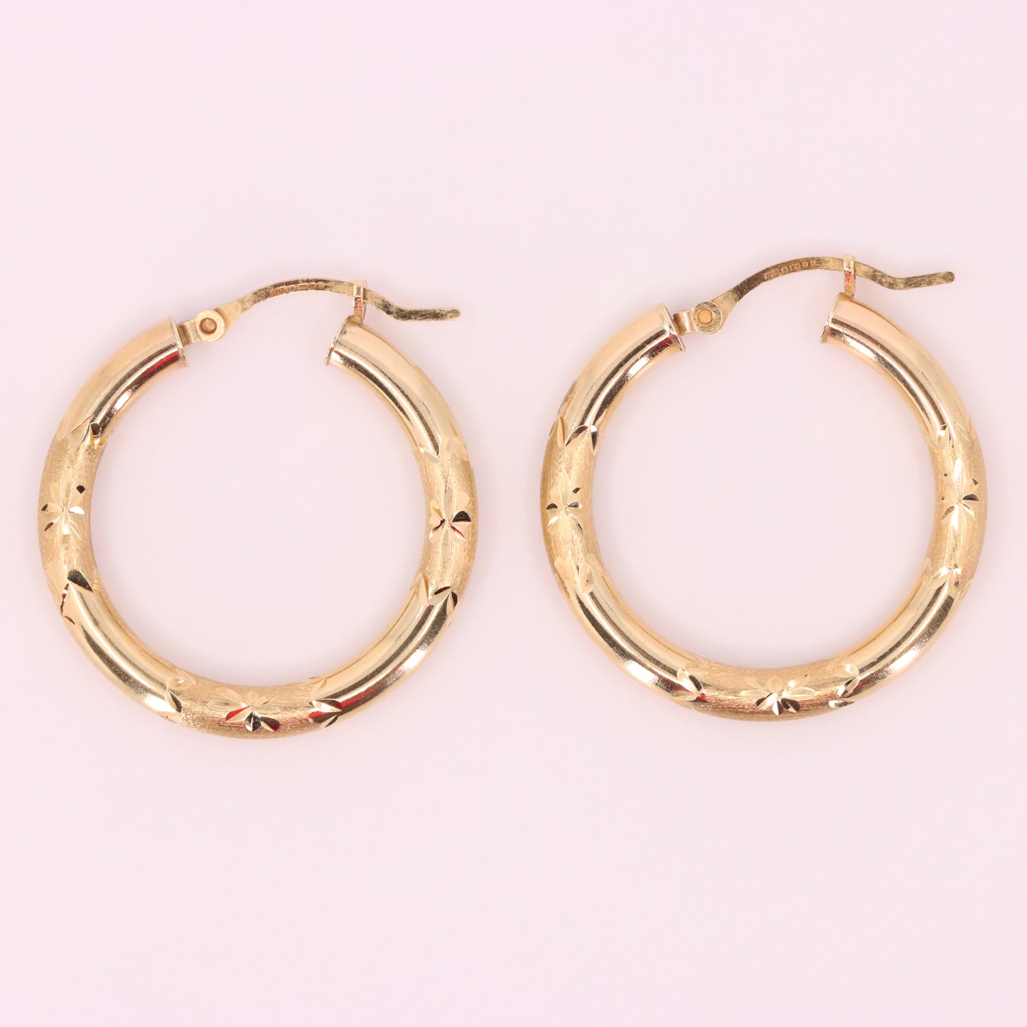 Vintage 9ct Hallmarked Gold Diamond Cut Textured Hoop Earrings 25mm Boxed Gift