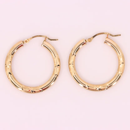 Vintage 9ct Hallmarked Gold Diamond Cut Textured Hoop Earrings 25mm Boxed Gift