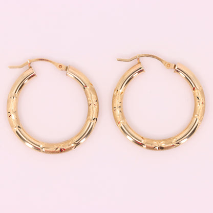 Vintage 9ct Hallmarked Gold Diamond Cut Textured Hoop Earrings 25mm Boxed Gift