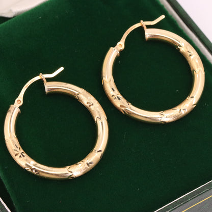 Vintage 9ct Hallmarked Gold Diamond Cut Textured Hoop Earrings 25mm Boxed Gift