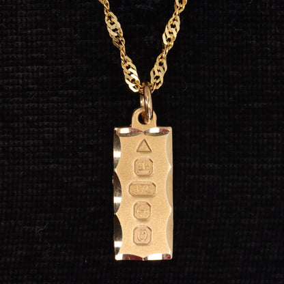 Vintage 9ct Hallmarked Gold 18 Inch Ingot Pendant Necklace 1988 Boxed Gift