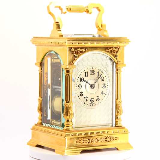 Antique Carriage Clock French Striking Gilt Brass 8 Day Silvered Engine Turned