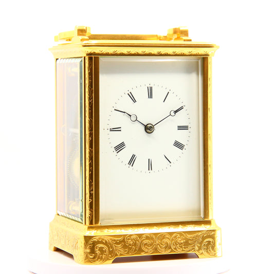 Antique Carriage Clock Striking 8 Day French 1890 Floral Engraved Gilt Brass