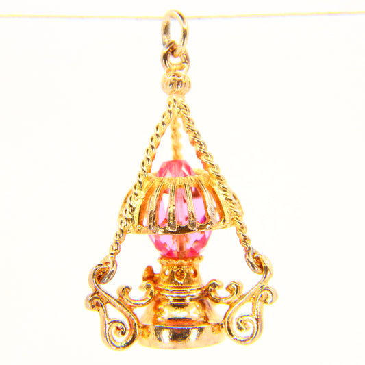 Vintage 9ct Pink Crystal Lantern Pendant Hallmarked Solid Gold 3D Oil Lamp Charm