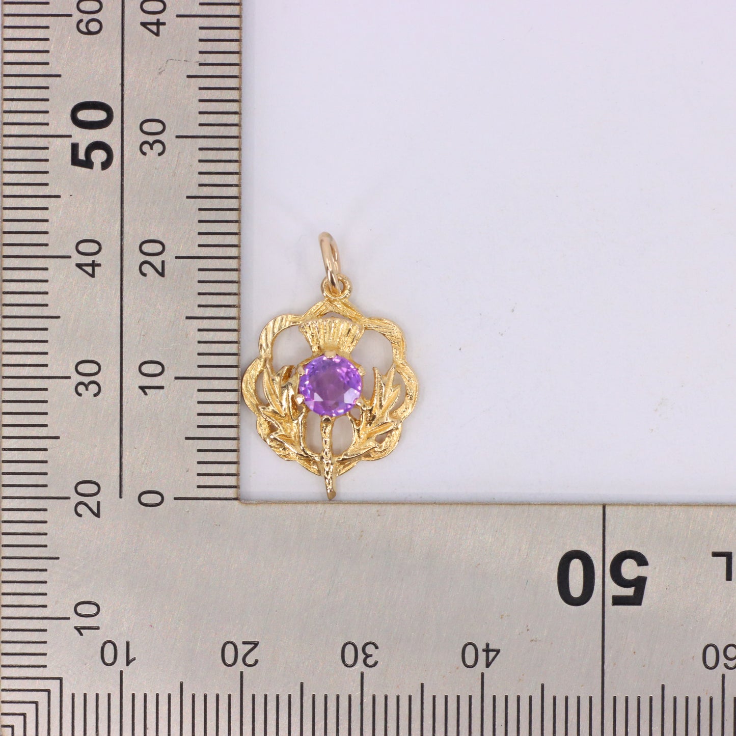 Vintage 9ct Hallmarked Gold Scottish Thistle Pendant Purple Stone Charm