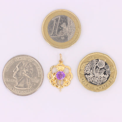Vintage 9ct Hallmarked Gold Scottish Thistle Pendant Purple Stone Charm