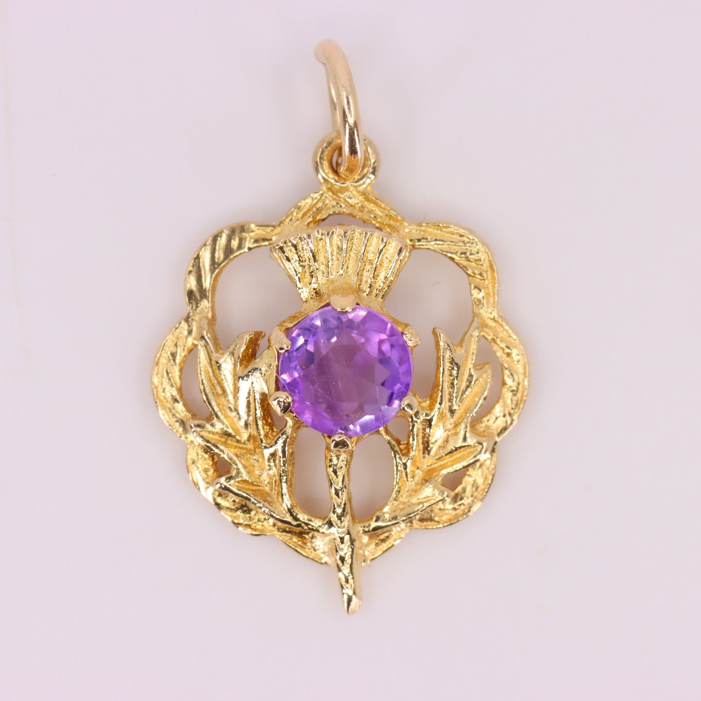 Vintage 9ct Hallmarked Gold Scottish Thistle Pendant Purple Stone Charm
